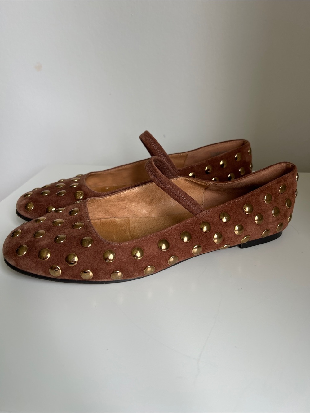 Madewell Soft Gold Studded Brown Suede Mary Jane Flats
